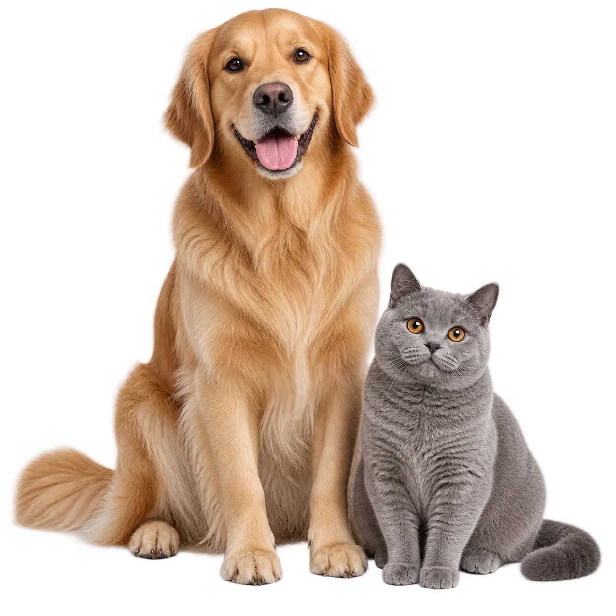 Yan yana oturan golden retriever ve gri kedi